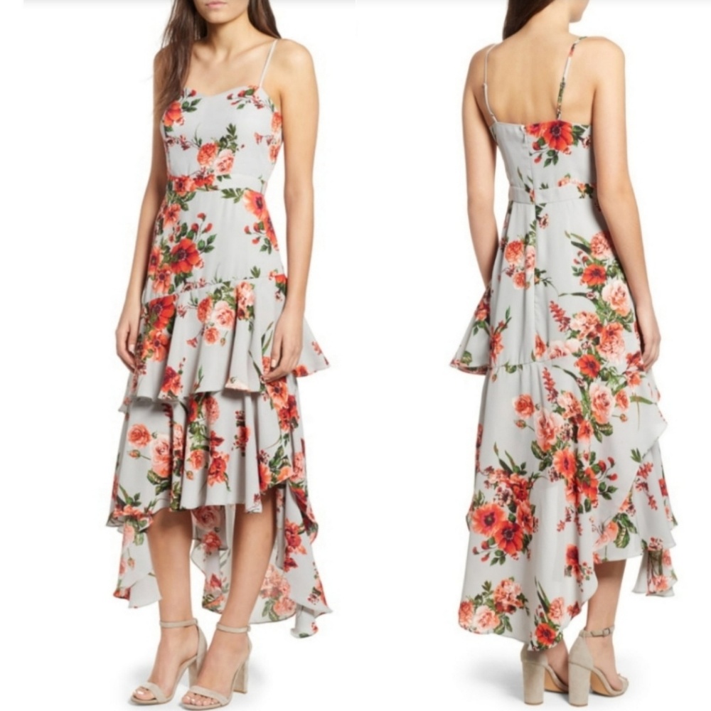 🆕️⬇️Leith Gray Floral Tiered Ruffle Hi-Low Dress